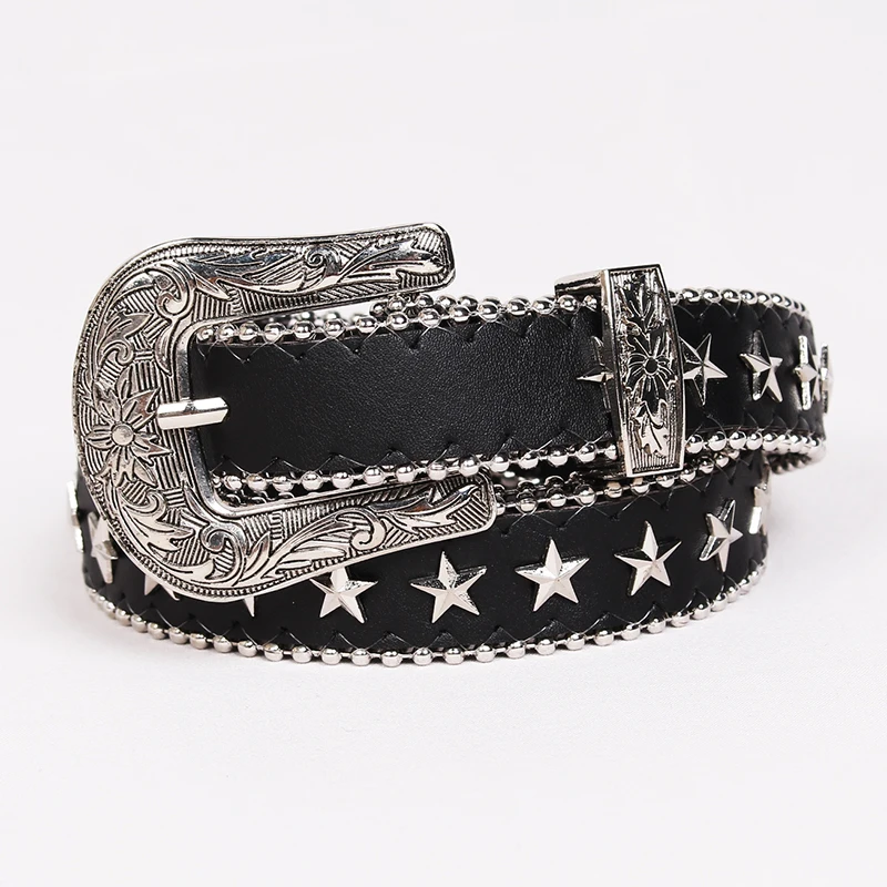 

Metal rivet Five stars five-pointed star decorate fashion belt woman Waistband black PU leather