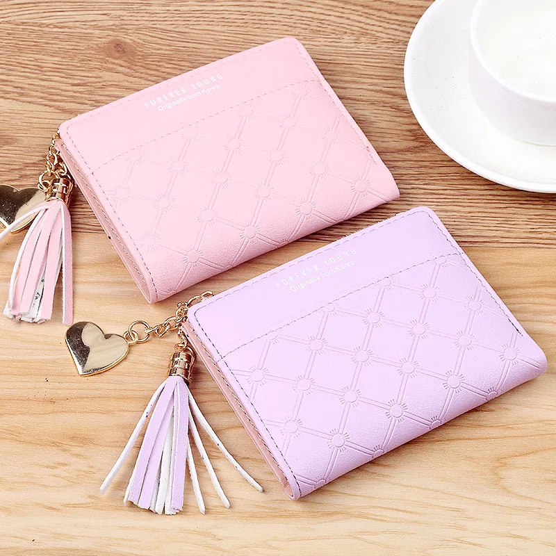 

Ladies Zipper Wallets with PU Leather Women Short Purses Small Coin Bags Mini Handbags Tassel Card Pockets carteras para mujer