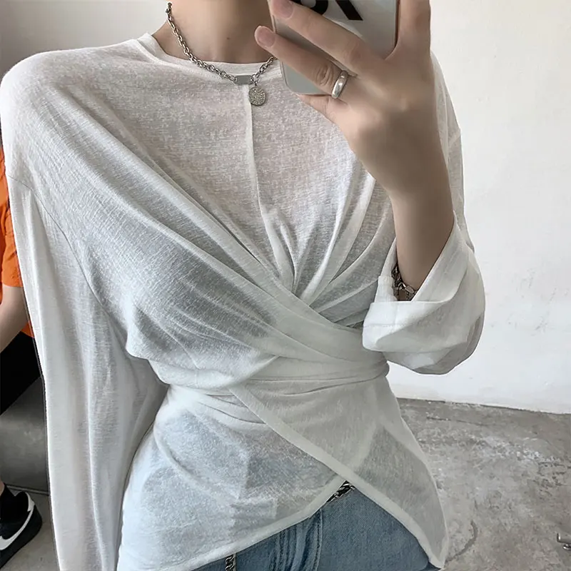 

Prevent Bask Irregular Long Sleeve Top Korean Fashion Women'S T-Shirt Female Vintage Clothing Blouses 2021 Kawaii Harajuku