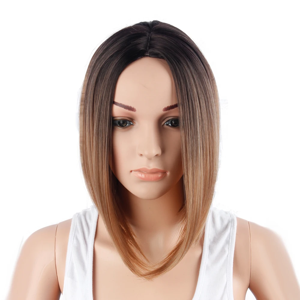 

High Temperature Fiber Synthetic Hair Wig Centre Part Black Color Short Straight Bob Wig For Women 12 Inch
