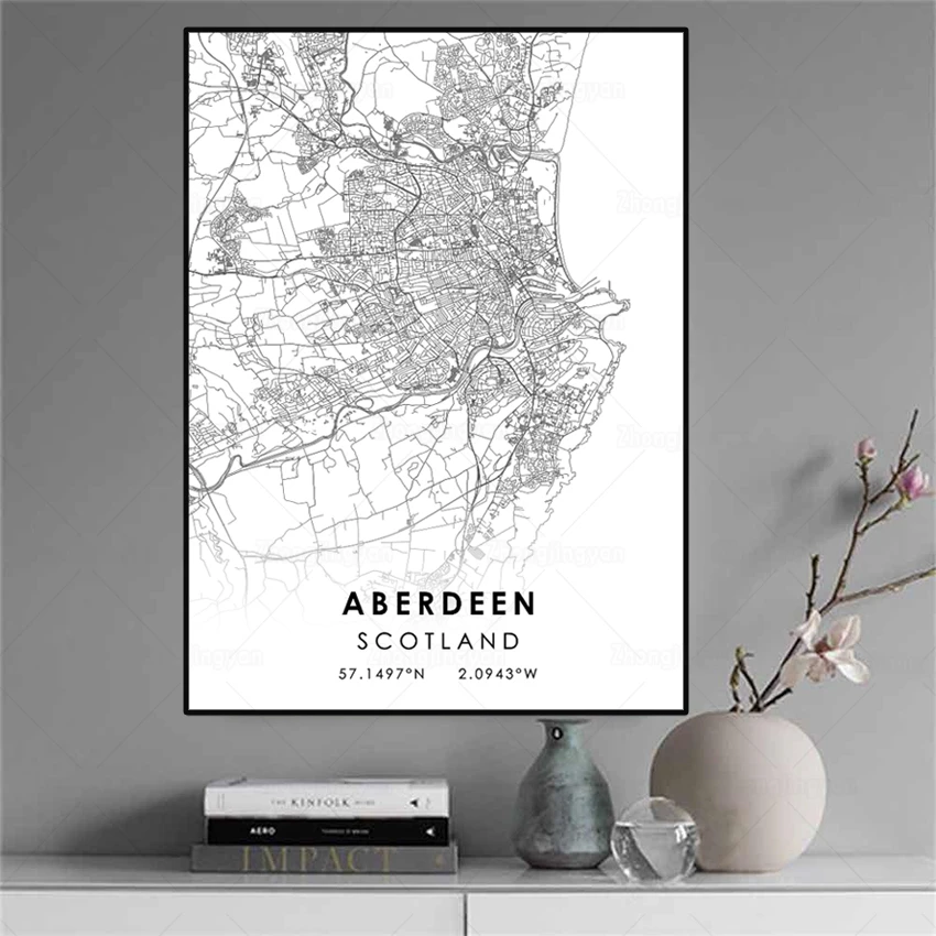 Черно-белая карта города Шотландии Абердин, плакат HD печать на холсте художественной живописи нордического ландшафта для домашнего декора.