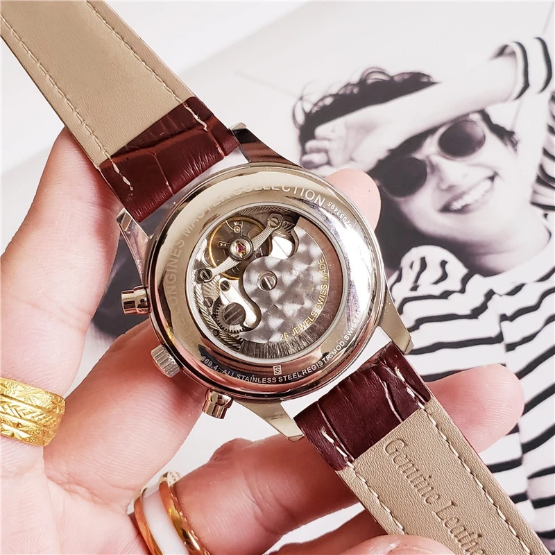 

Mens Watch Waterproof Automatic Mechanical Movement Brown Leather Straps Sapphire Crystal Man Watches Glass Back Folding Clasp