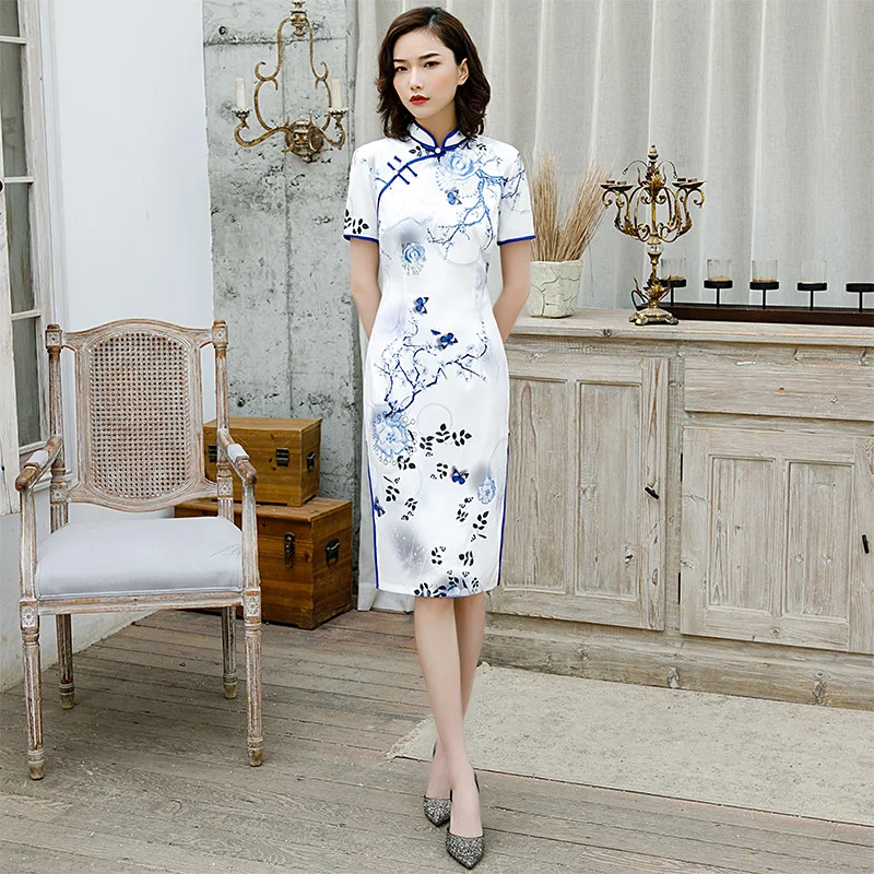 FZSLCYIYI летнее тонкое женское атласное платье Ципао с цветочным принтом элегантное