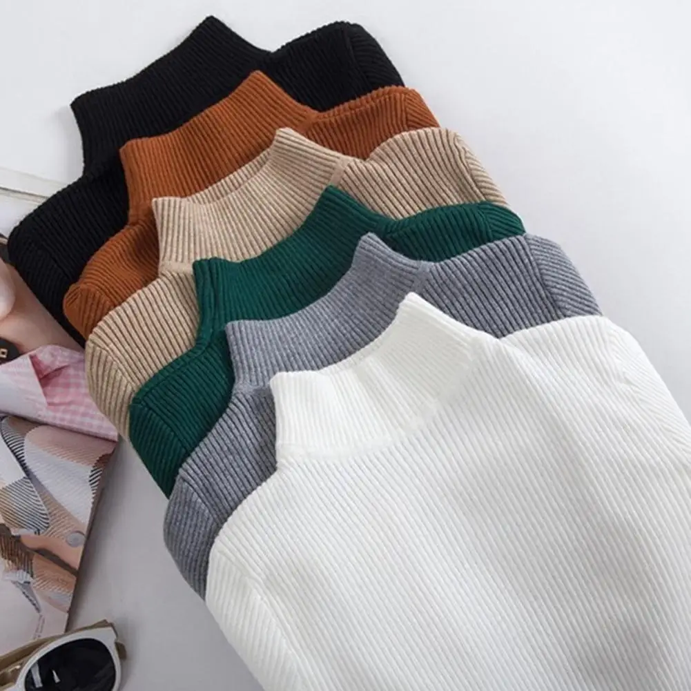 

Autumn Winter Women Solid Color Slim Turtleneck Sweater Knitted Elastic Jumper
