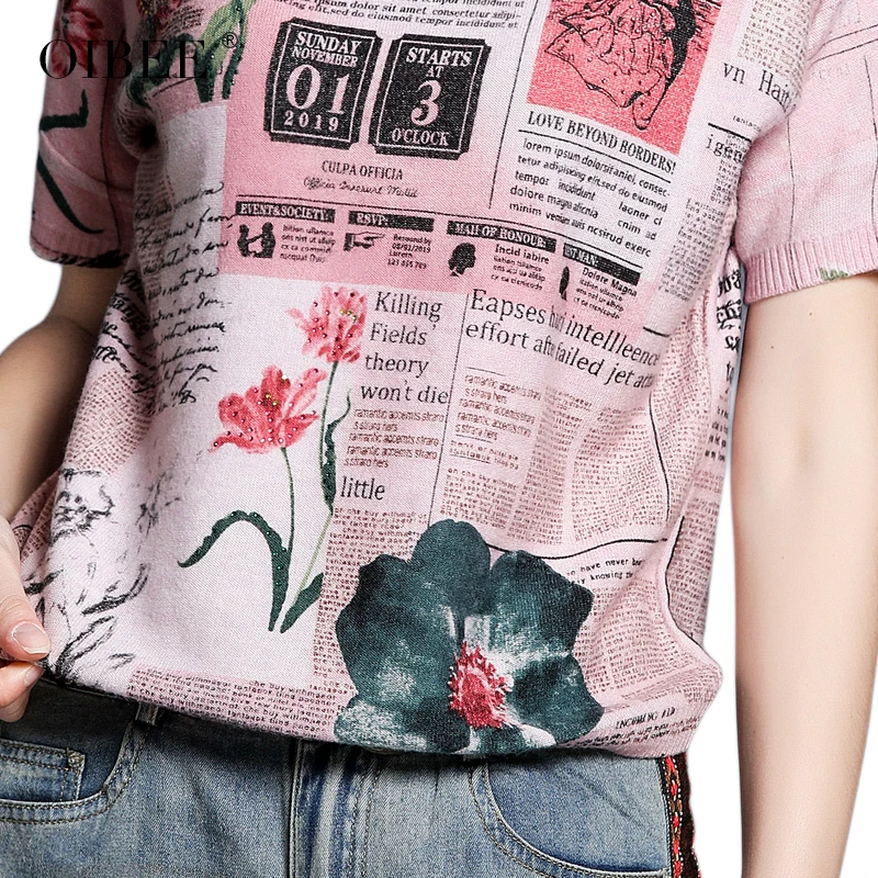 

OIBEE short-sleeved printed sweater blouse 2020 autumn new women's loose and thin bottoming sweater