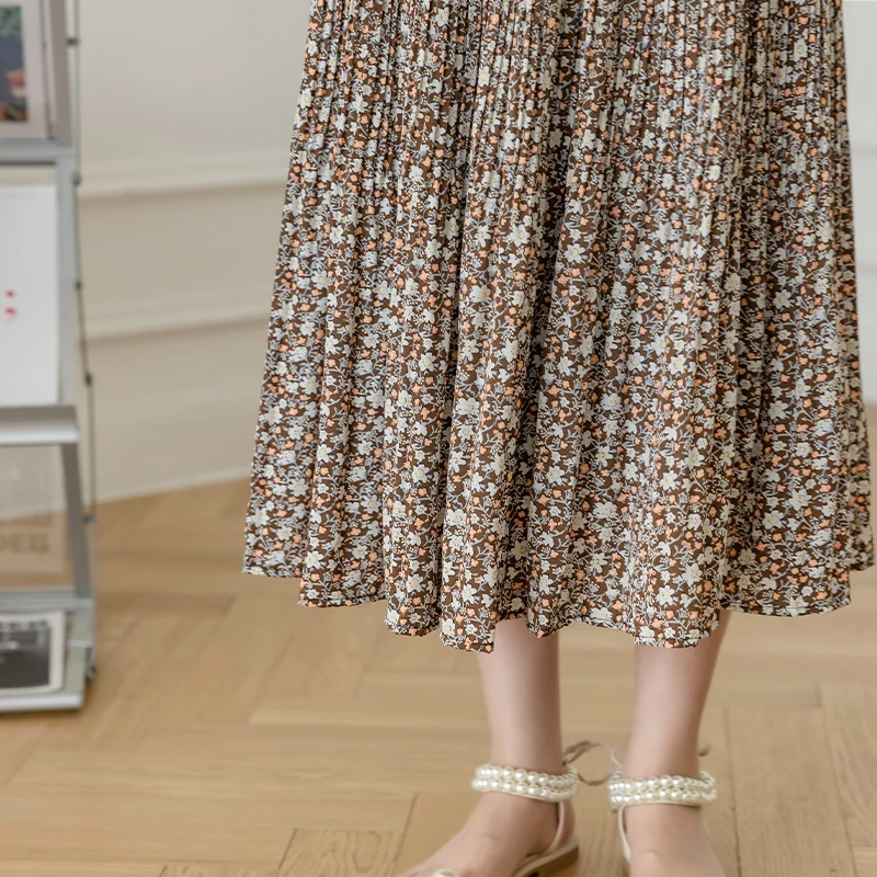 

Chiffon Pleated Skirt Summer Elastic High Waist Floral Print Retro Swing Jupe Longue Femme Korean Style Fashion Skirts for Women