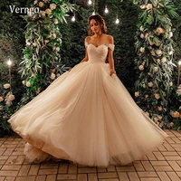 verngo vintage rose champagne tulle wedding dress off the shoulder short sleeves pleats bride gowns simple bridal dresses