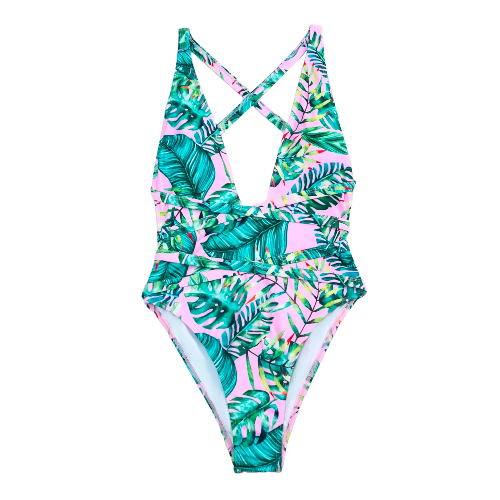 

Women One-piece Swimsuit, Adults Leaf Print V-neck Belted Swimwear with Chest Pad