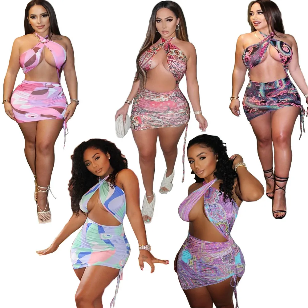 

European and American women's clothing sexy print draw strap tied dressï¼ŒMulti-color optional dress dress women summer dress