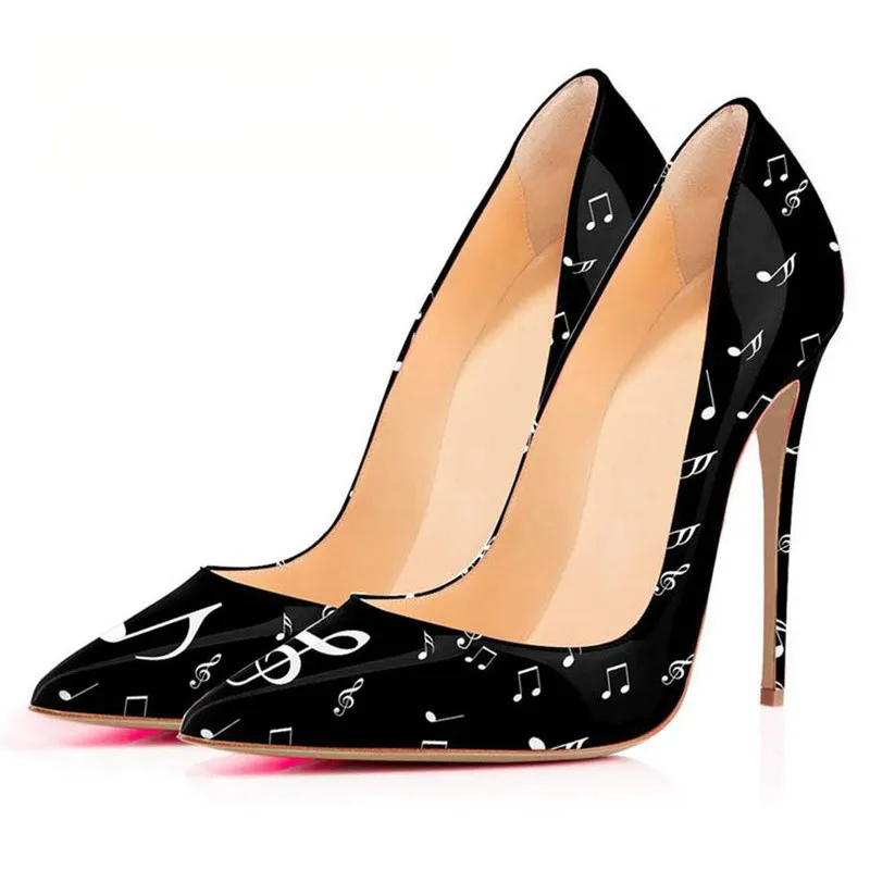

Music Notes Pirnted High Heels White Black Color Patchwork Dress Shoes Pointed Toe Patent Leather Wedding Pumps12cm shoes woman