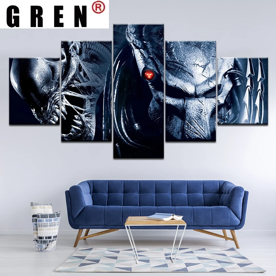 

GREN Living Room Decor 5 Panel Alien vs.Predator 2 Requiem Gamer Canvas Posters Wall Art Pictures Print Paintings Home Decor