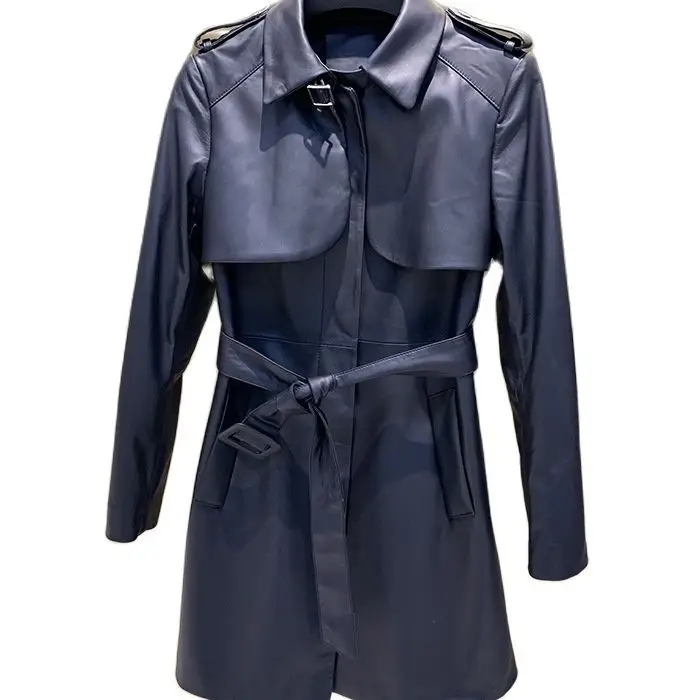 Abrigo de piel de oveja para mujer, rompevientos con hebilla, abrigo largo de tela suave, chaqueta de cuero largo medio para motocicleta, 2021