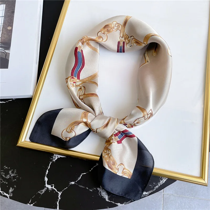 

2021 New Luxury Silk Scarf Square Chain Print Women Bandana Office Lady Neck Small Scarves Female Foulard Hand Kerchief Hijabs