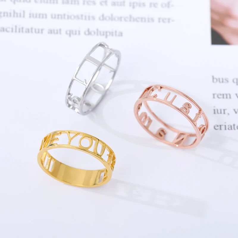 

Custom Name Ring Gold Hollow Stainless Steel Letter Engraved Rings For Women Custom Jewelry Men Engagement Wedding Band Gift