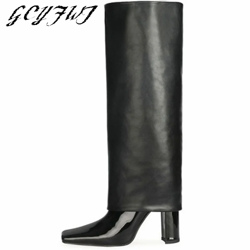 

Женские сапоги до колена, зимние сапоги смешанных цветов из лакированной кожи с квадратным носком и необработанным каблуком, женские сапог...