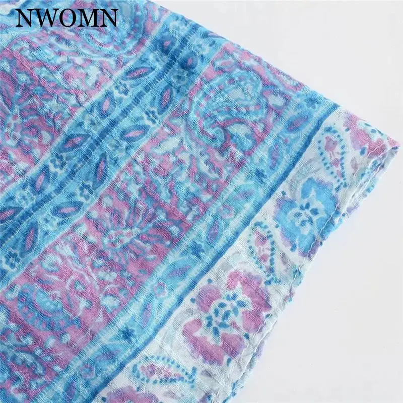 

NWOMN Za 2021 Blue Midi Dress Woman Ruffle Summer Long Dress Women Vintage Print Loose Casual Dresses Ladies Boho Beach Dresses