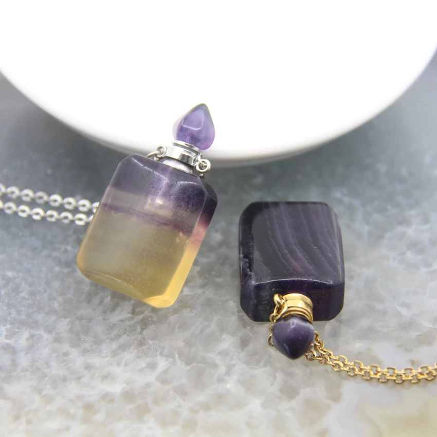 Rainbow Fluorite Rectangle Perfume Bottle Pendants Necklace,Golded/Silvery Chains,Natural Quartz Essential Oil Diffuser Vial