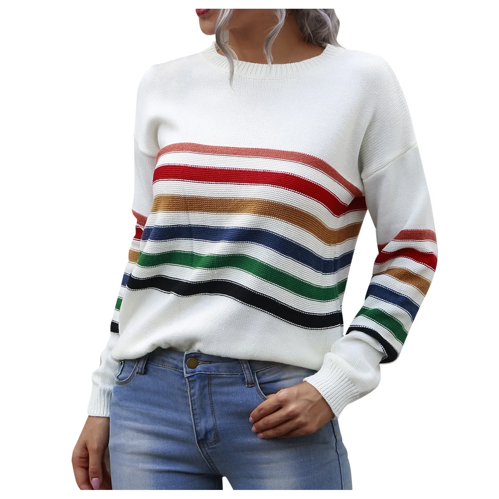 

Свитер, блузка, повседневные полосатые рукава, длинные модные топы с круглым вырезом, женский свитер, топы