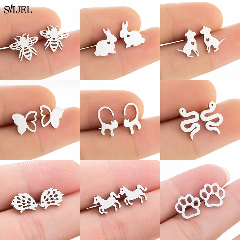 Small Stainless Steel Stud Earrings for Women Children Lovely Hedgehog Butterfly Elephant Horse Rabbit Earings Jewelry Bee Studs