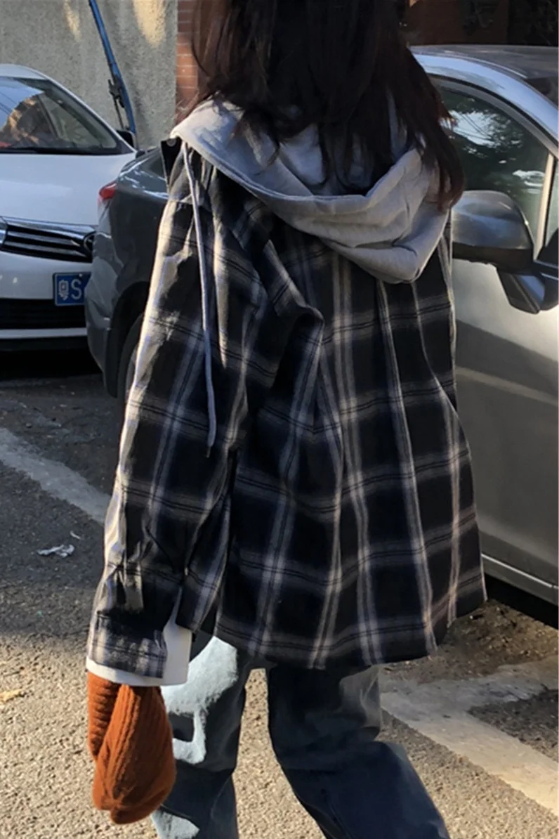 

New Autumn Women Hooded Shirts Korean Vintage Casual Loose Drawstring Long Sleeve Plaid Chic Blouses Outwear Tops for Student
