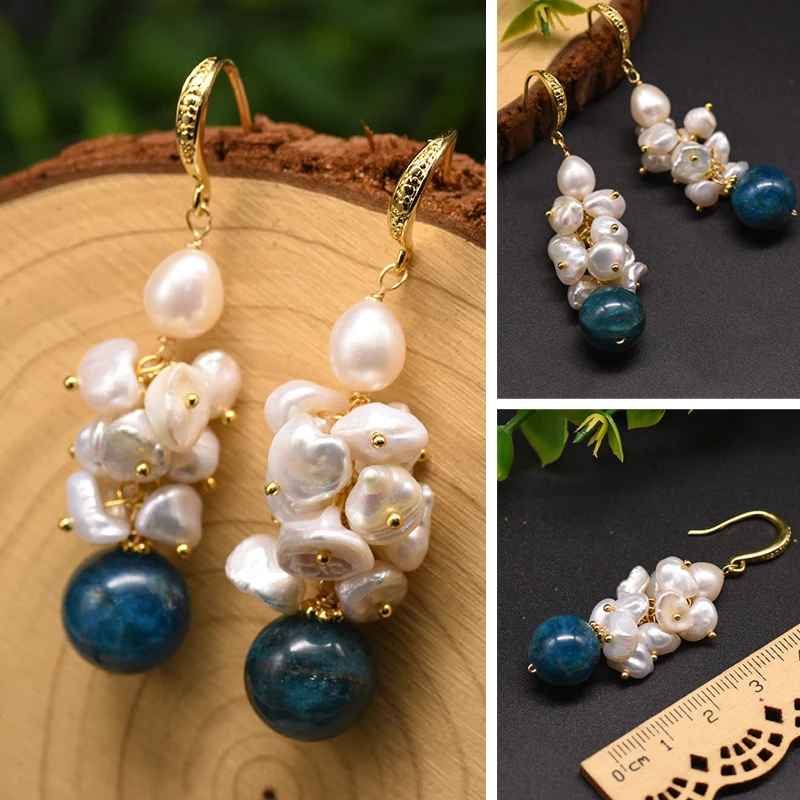 

Natural Fresh Water Baroque Pearl Drop Earrings Kyanite For Women Wedding Dangle Hook Earrings Luxury Fashion Handmade Jewelry