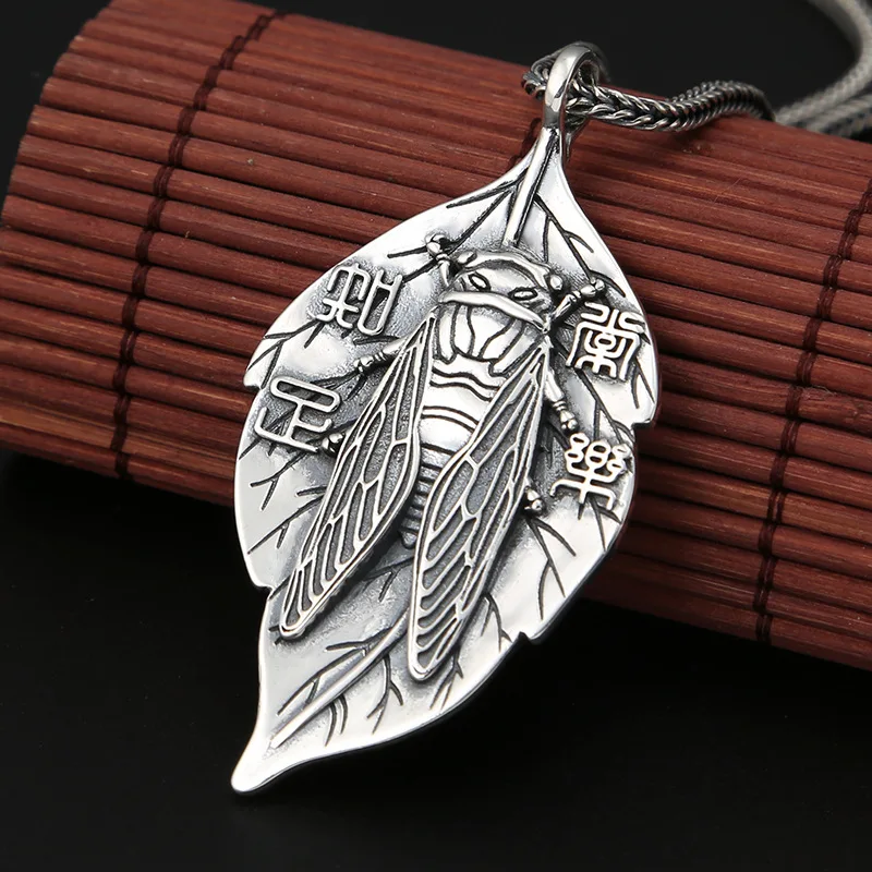 

Wholesale 925 Sterling Silver Jewelry Men And Women Pendant Thai Silver Retro Contentment Changle Leaves Tag Chain Pendant