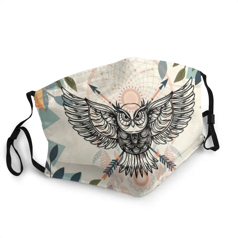 

Owl Boho Style Reusable Mouth Face Mask Unisex Adult Wildlife Bird Anti Haze Dustproof Mask Protection Cover Respirator Muffle