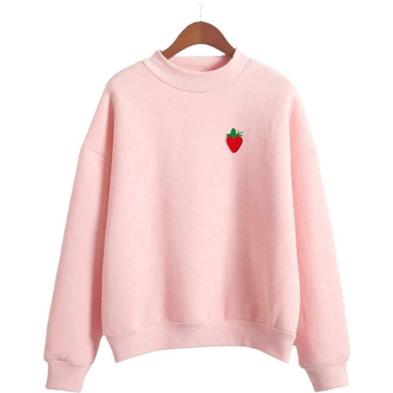 

Толстовка женская с флисовой подкладкой, милый свитшот с принтом клубники, худи в стиле Харадзюку, пуловер, Осень-зима