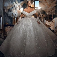 off the shoulder ball gown vintage wedding dress 2021 lace sequins arabic luxury bridal gowns with gloves vestido de novia