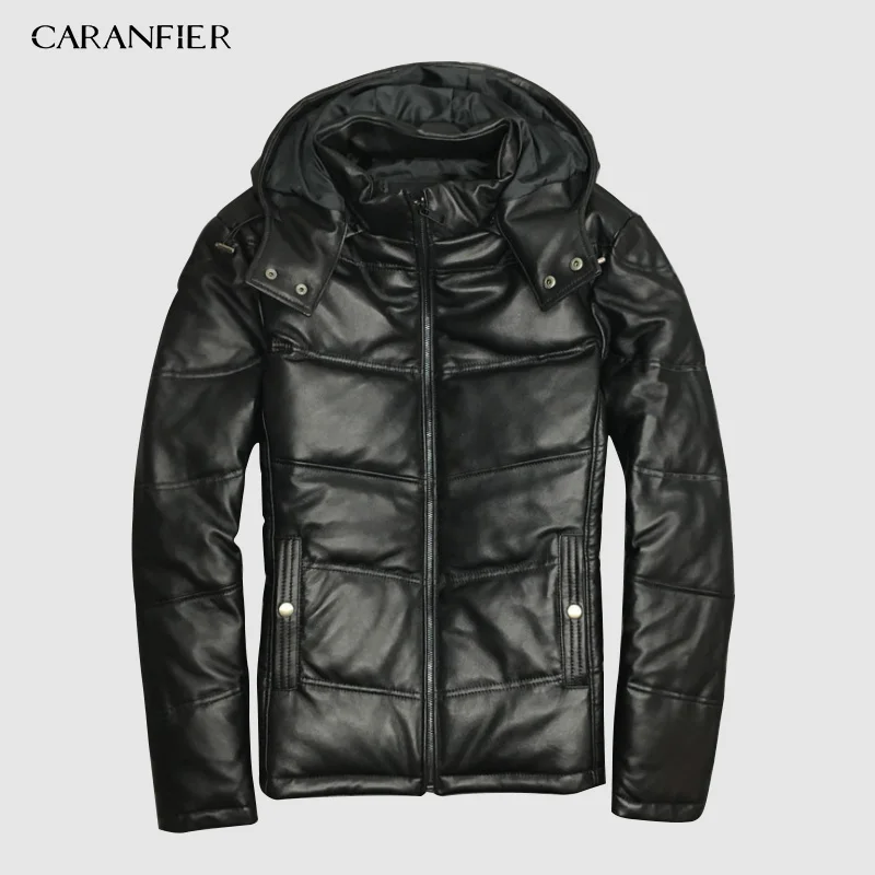 Черный CARANFIER куртки мужские из натуральной кожи утиный пух куртки зимняя верхняя одежда овчина Пальто повседневные однотонные пальто - Цвет: Черный