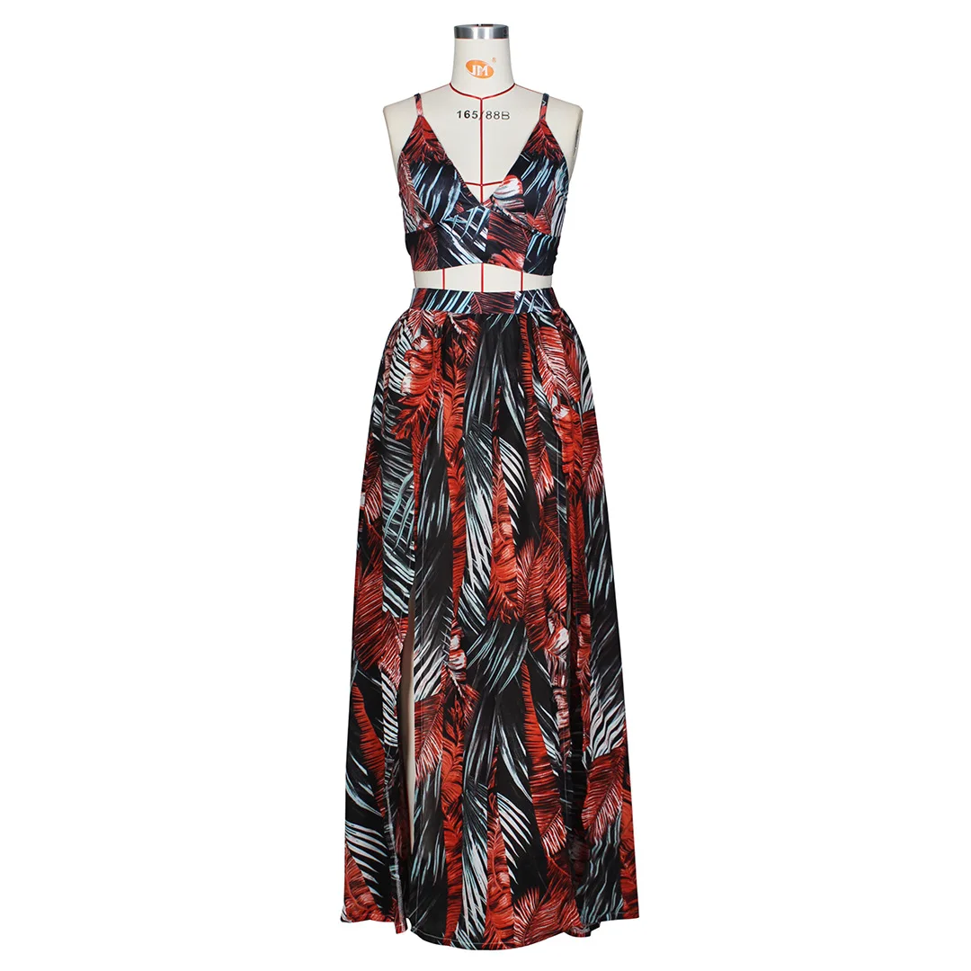 

Sexy Sling Two-Piece Women's Sleeveless Short Top And Split Half-Length Skirt With Fashionable Printed Beach Skirt Suit 2021 New