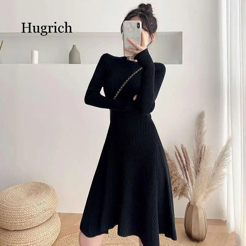 

New Women Vintage Dress Auutmn Winter Long Sleeve Slim a Line Short Sweater Dresses Eleagnt Ladies Knitted Robe Vestidos Mujer