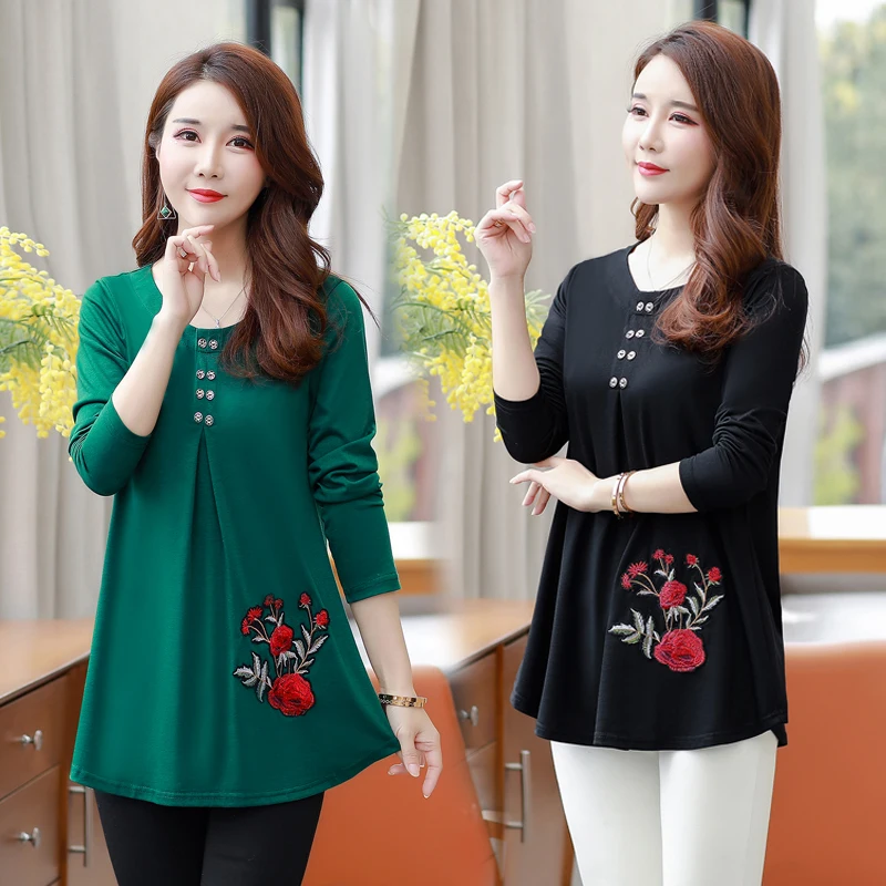 Женская футболка среднего возраста весна осень с длинным рукавом вышитая