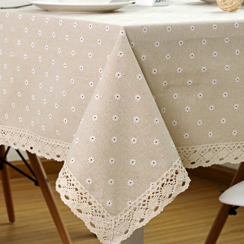 Mantel de lino y algodón con patrón de flores, cubierta de mesa de comedor con encaje, mantel rectangular ritual impermeable, wzpi