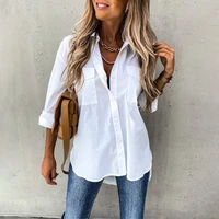 spring summer women casual turn down collar white blouse tops button pocket design long sleeve shirt