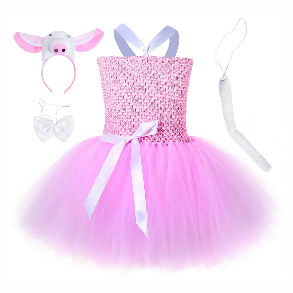 

Cute Birthday Party Dress for Girl Princess Costume Pink Pig Animal Cartoon Halloween Costumes Regular Kids Knee Length Dresses