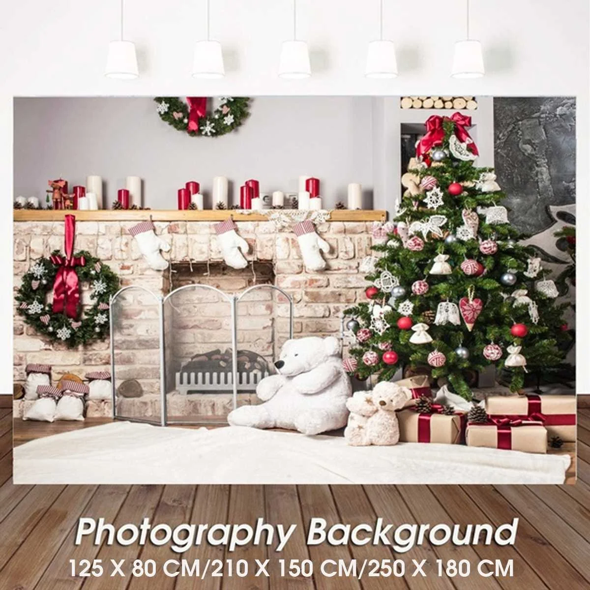 

Christmas Backdrop for Photography Fireplace and Chirstmas Tree Background for Photo Studio Red/White Sock Wood Wall Photocall