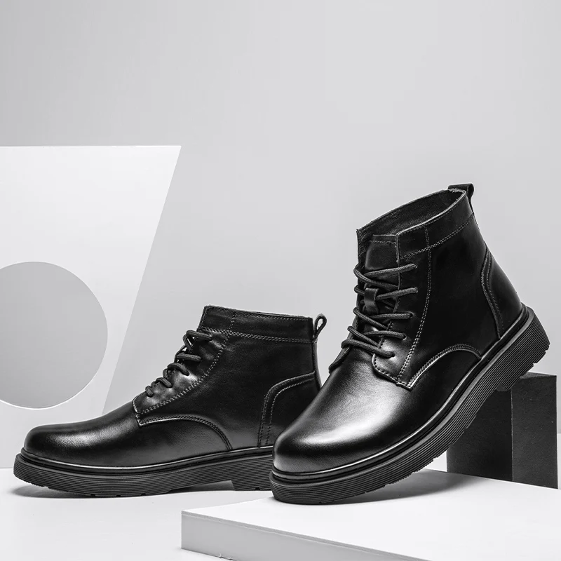 

The First Layer Cow Leather Black Mid-cut Short Boots 38-44 Leather Shoe for Men Cowboy Boots Genuine Leather Winter Boots Men %