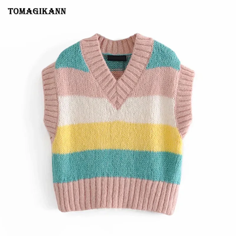

Женский свитер с V-образным вырезом, Разноцветные полосатые пуловеры, топы 2021, весенние модные повседневные свободные вязаные жилеты