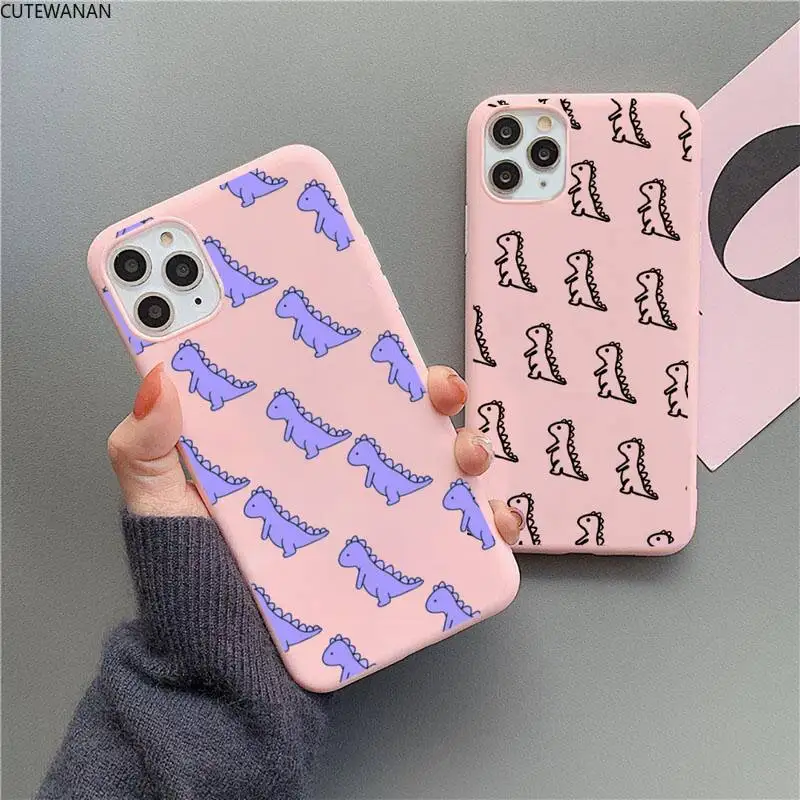 

Cute Dinosaur Baby For iphone 12 11 Pro Max Mini XS 8 7 6 6S Plus X SE 2020 XR Matte Candy Pink Silicone cover