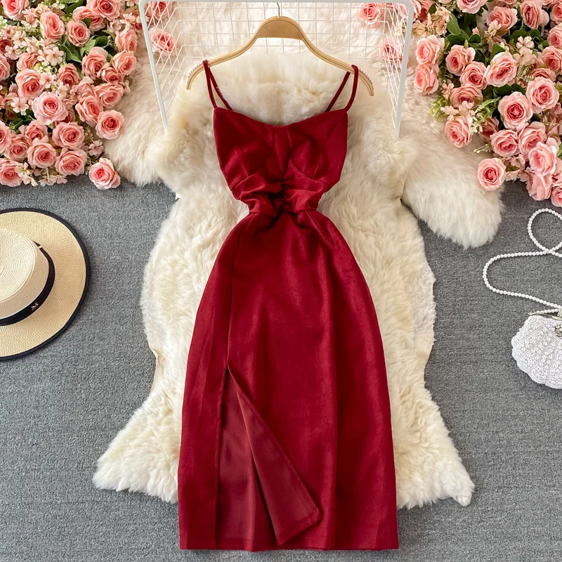 

Женское вечернее платье на бретелях-спагетти, элегантное вельветовое платье без рукавов с открытой спиной и разрезом, во французском стиле,...