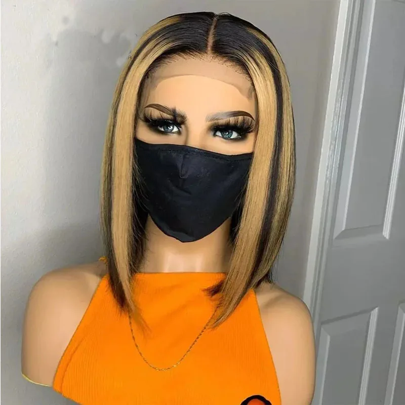 

Natural Hairline Remy Highlight Short Bob Soft 13x4/6 Lace Part Wig For Black Women With Baby Hair U part Daily Wigs Glueless