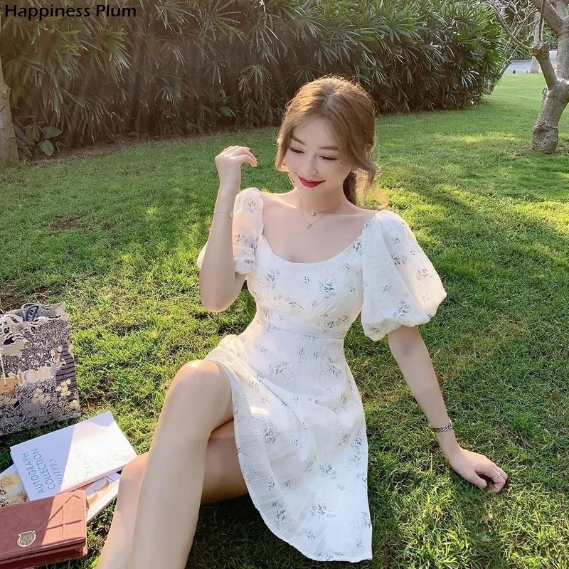 

Summer Elegant Dress Women Puff Sleeve French Floral Print Mini Dress Office Lady Korean Japan Style Kawaii Dress Women 2021