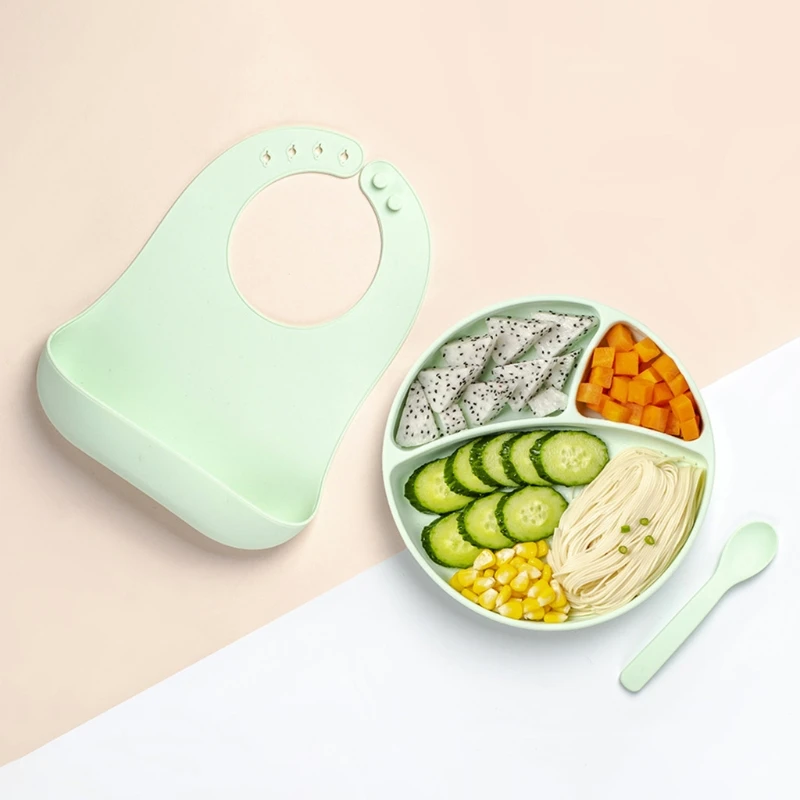 

3 Pcs Baby Newborn Bibs+Divided Dinner Plate+Spoon Set Waterproof Food Grade Silicone Feeding Saliva Towel Bowl Dishes Kit