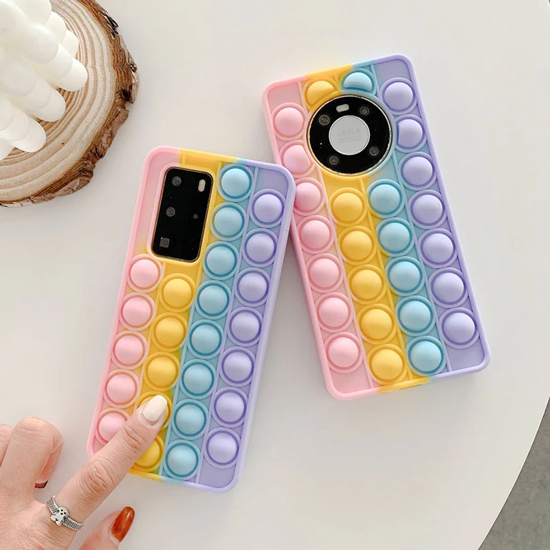 Push It Reliver Stress Toys Bubble Phone Case For Huawei P40 P30 Pro Mate 30 40 Honor 30 20 Nova 8 7 Soft Silicone Rainbow Cover