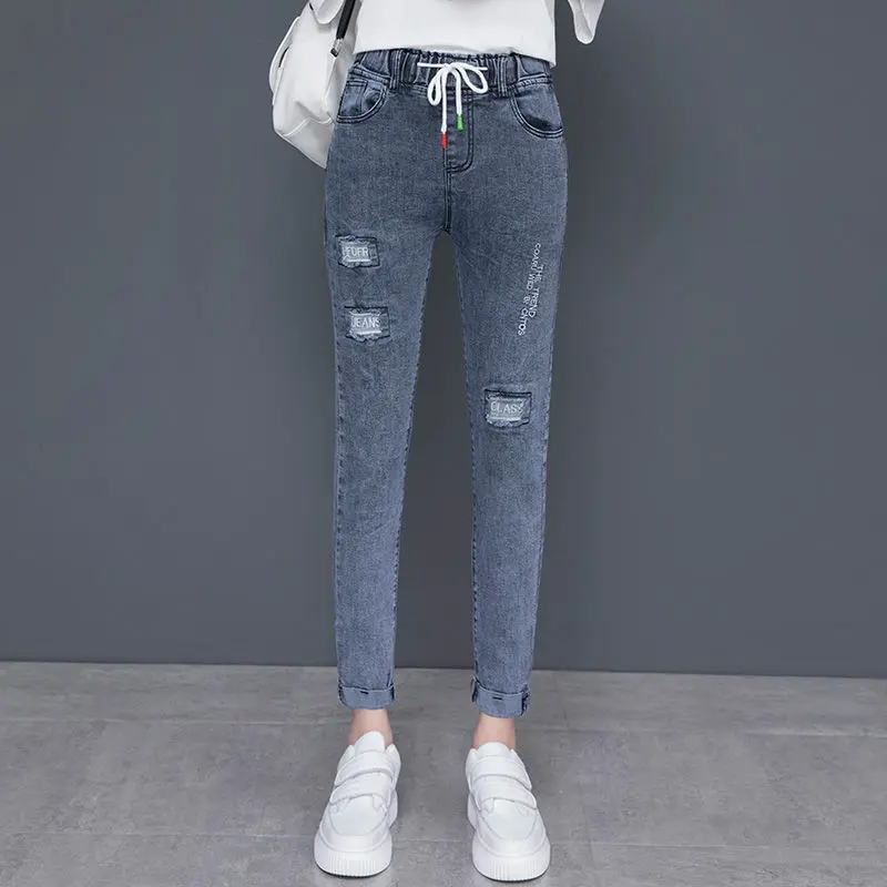

2021 Spring and Autumn Women's Fashion Y2K Streetwear Elastic High Waist Straight Cropped Pants Skinny Sexy Ripped Jeans