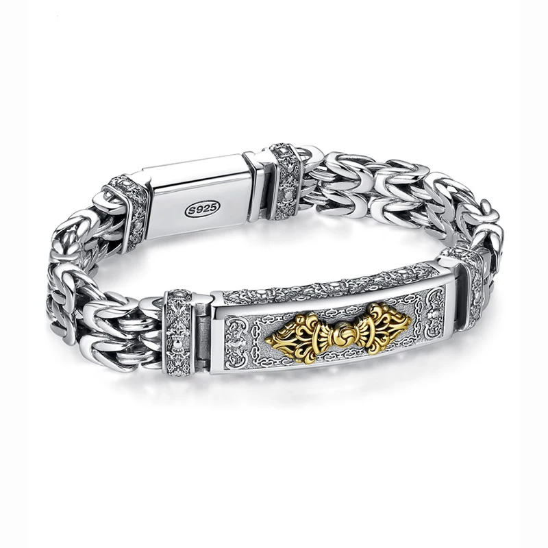 

Chinese Style Retro Silver Hipster Men's Bracelet Creative Personality Hand Jewelry Diamond Pestle Peace Pattern Chain Accessory