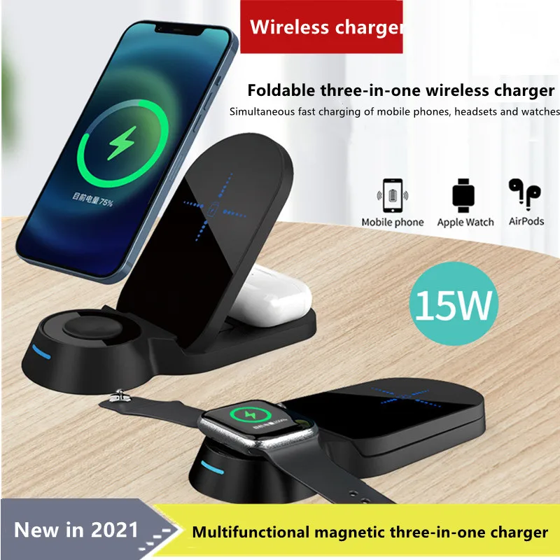 

Foldable magnetic charger Mag for safety iPhone 12 Pro 3in1 wireless charger for Apple iPhone 12 Mini iWatch Airpods Fast Bracke
