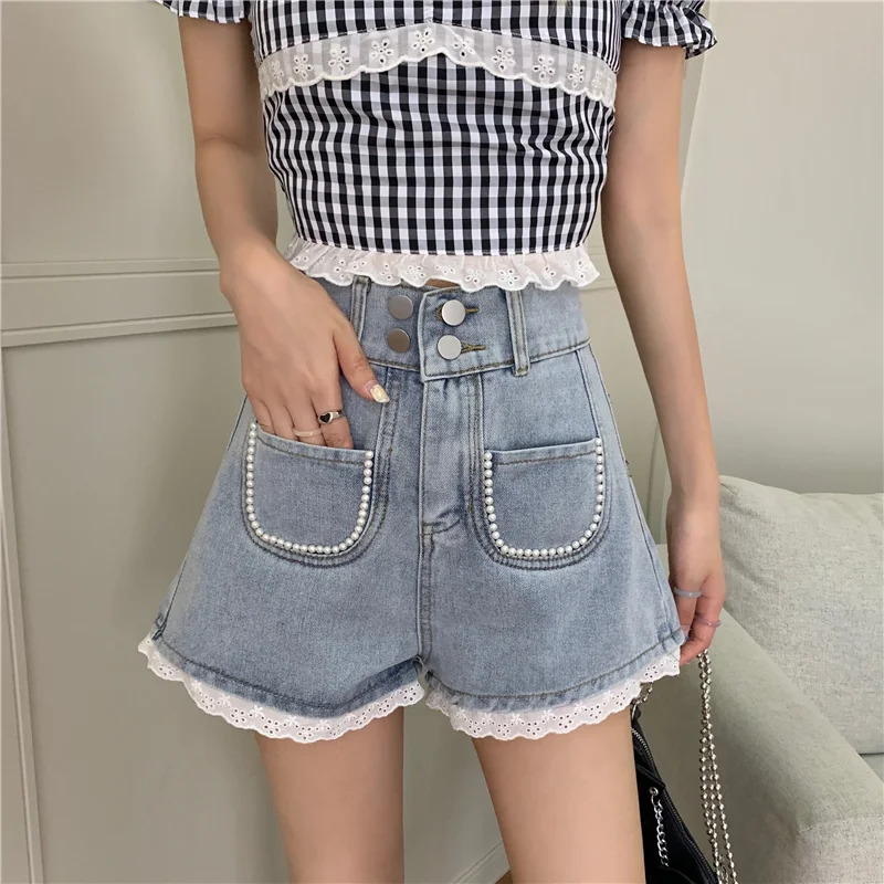 

Женские джинсовые шорты, классические винтажные синие широкие шорты с завышенной талией, летние джинсовые шорты для женщин