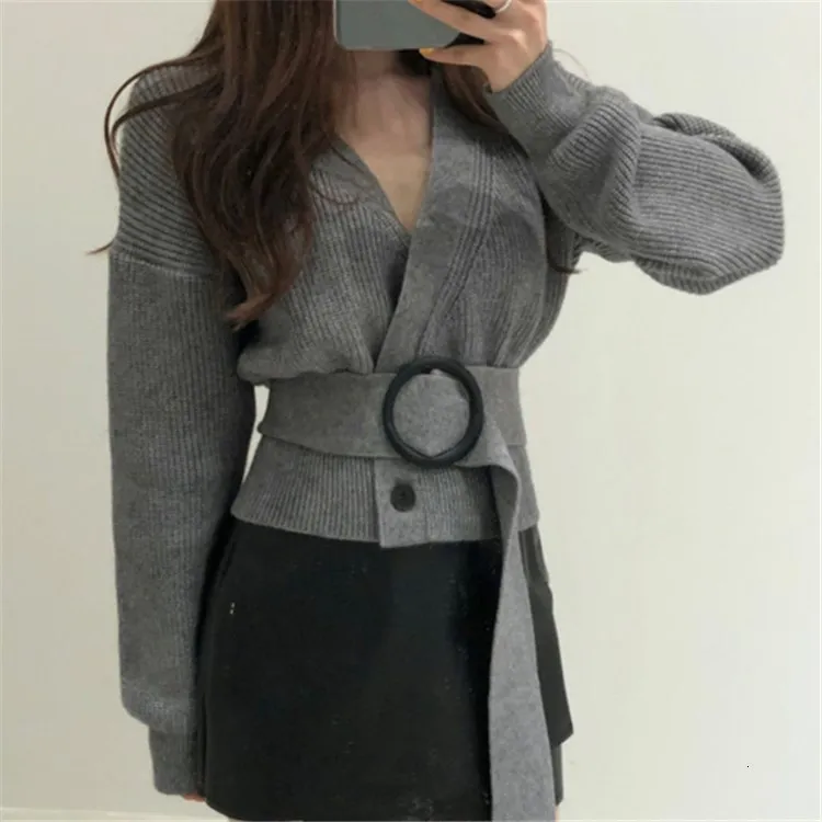2019 Autumn Winter Sashes Wrap Sweaters Cardigans Women Tops Lace Up Button Double Breasted Solid Minimalist Elegant |